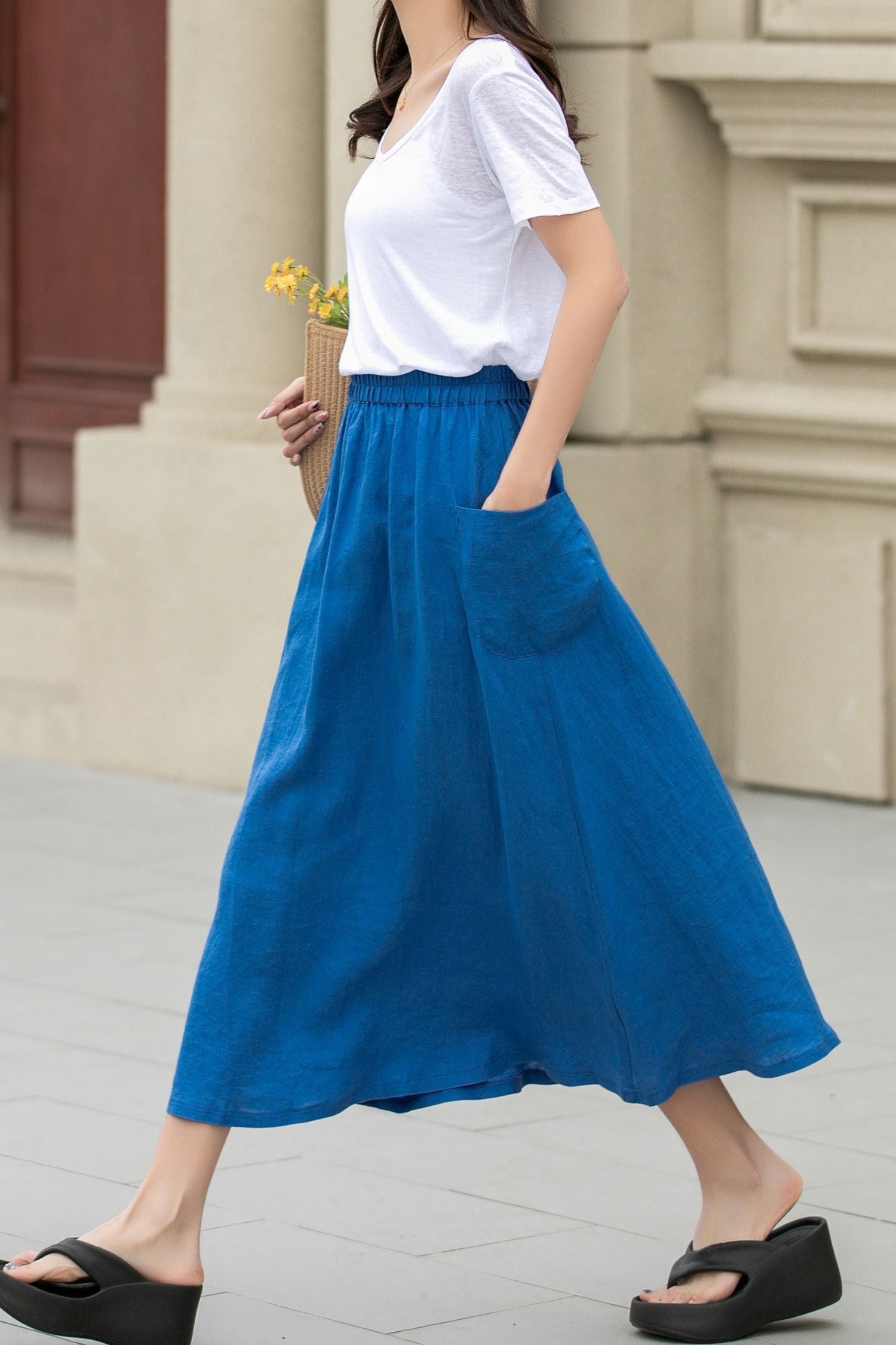 Royal Blue A-Line Midi Skirt with Pockets – Lightweight Summer Style