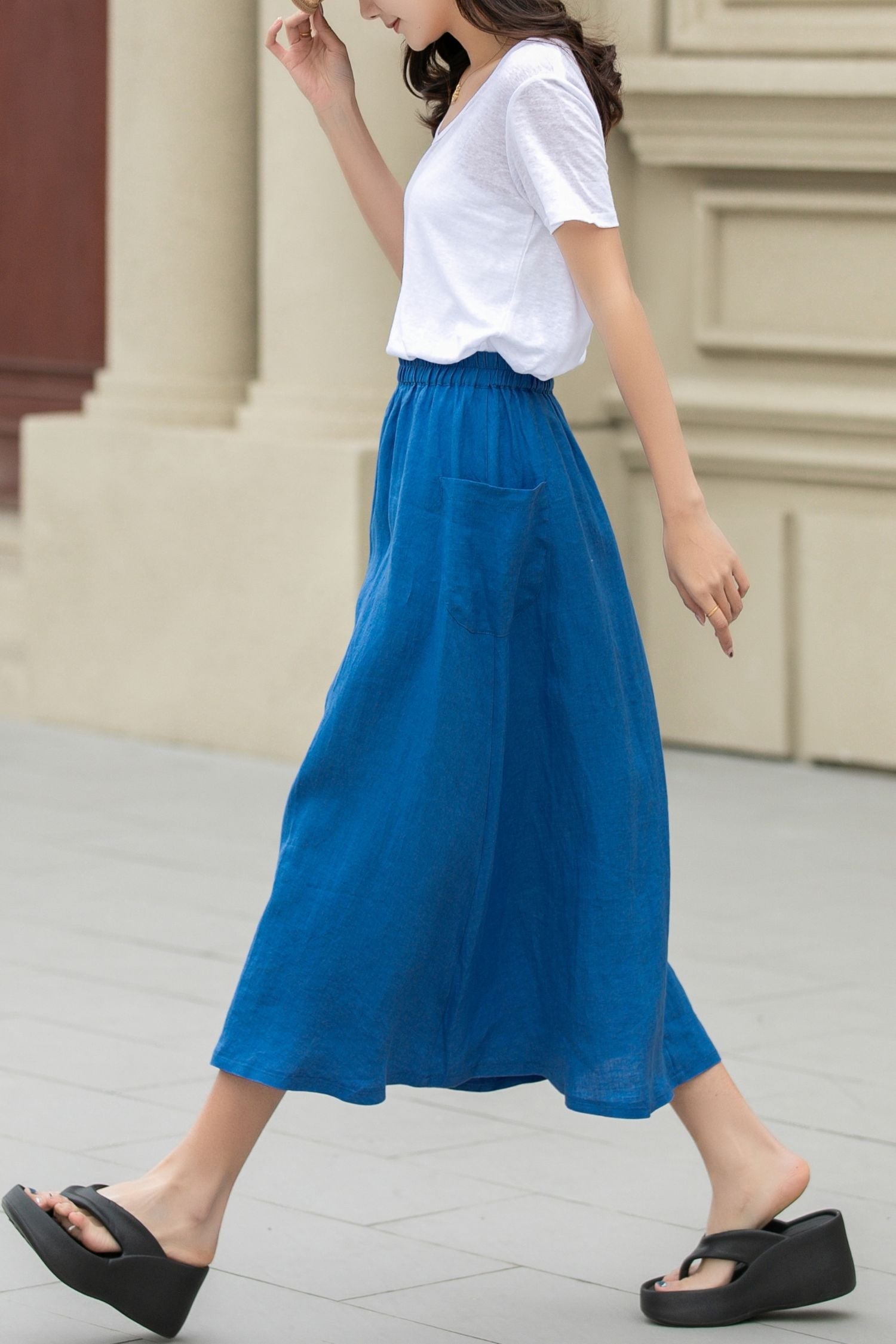 Royal Blue A-Line Midi Skirt with Pockets – Lightweight Summer Style