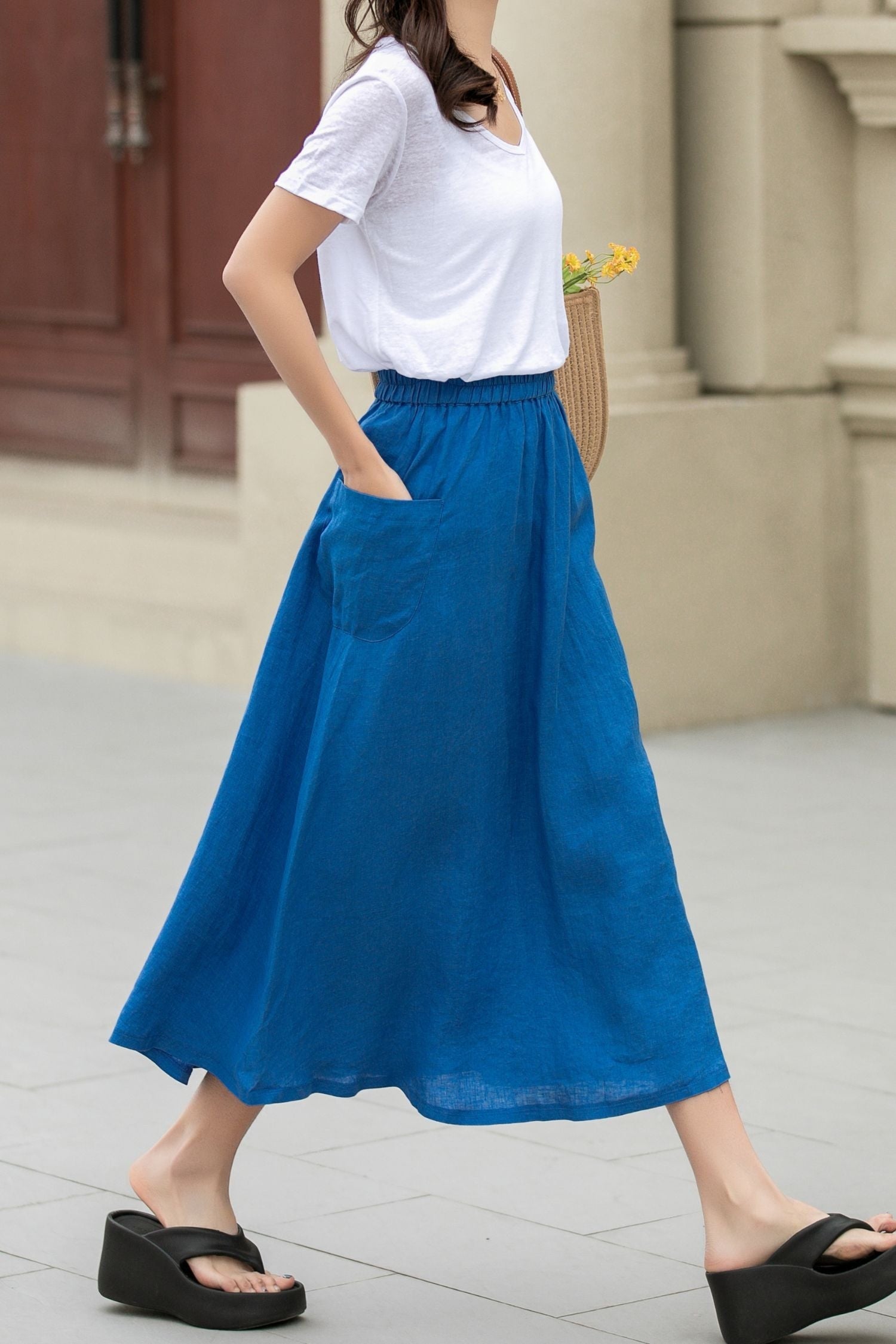 Royal Blue A-Line Midi Skirt with Pockets – Lightweight Summer Style