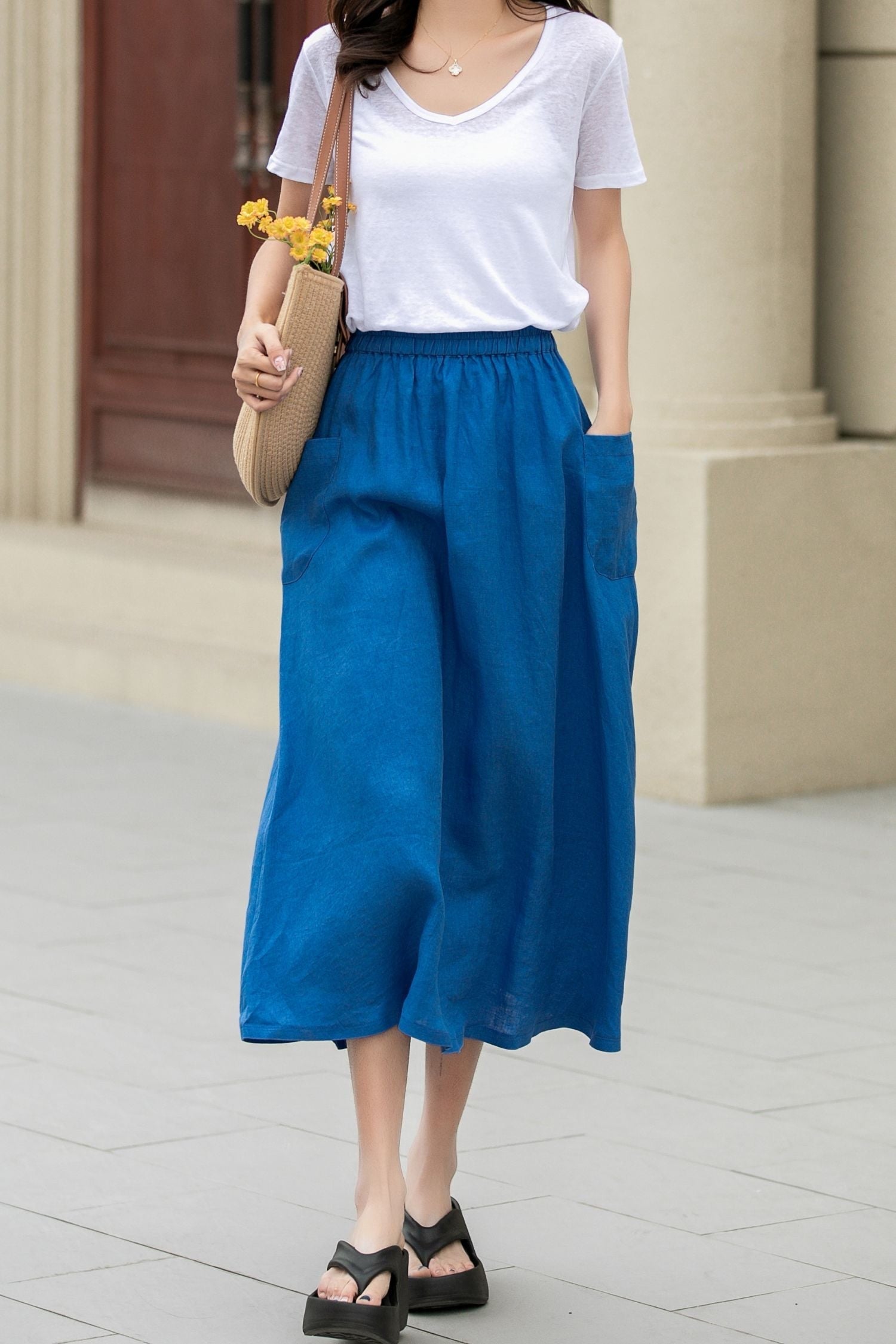 Royal Blue A-Line Midi Skirt with Pockets – Lightweight Summer Style