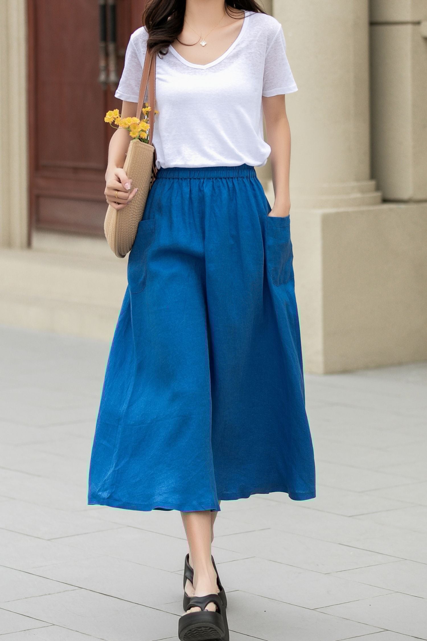 Royal Blue A-Line Midi Skirt with Pockets – Lightweight Summer Style