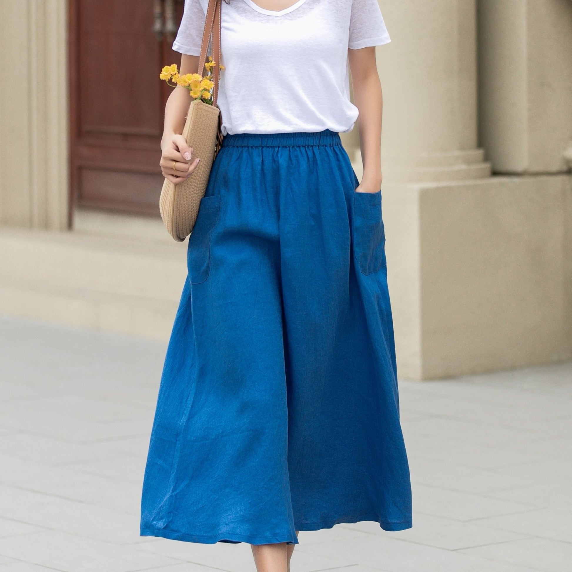 Royal Blue A-Line Midi Skirt with Pockets – Lightweight Summer Style