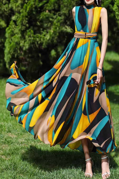 Bohemian Maxi Beach Dress – Sleeveless Summer Flow with Fitted Waist