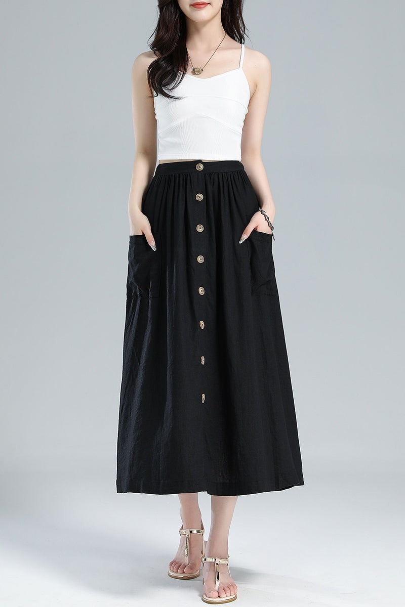Button-Front Linen Midi Skirt – Pleated A-Line with Pockets