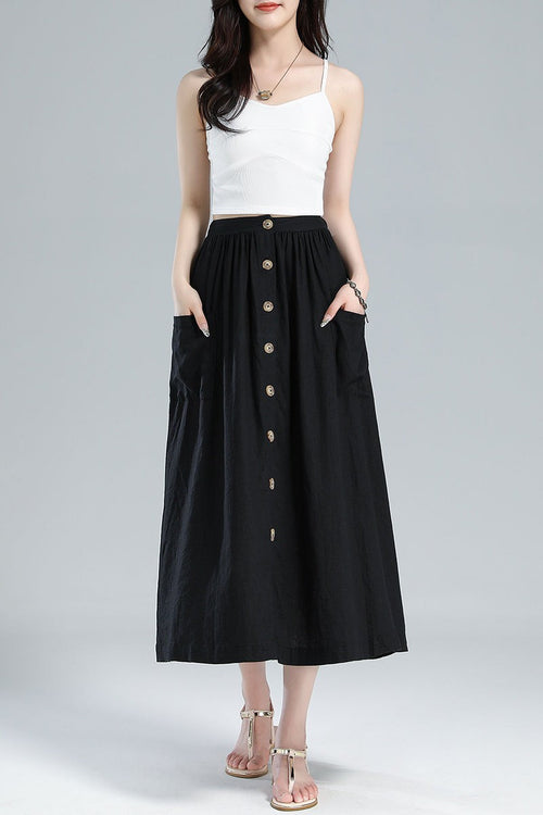 Button-Front Linen Midi Skirt – Pleated A-Line with Pockets