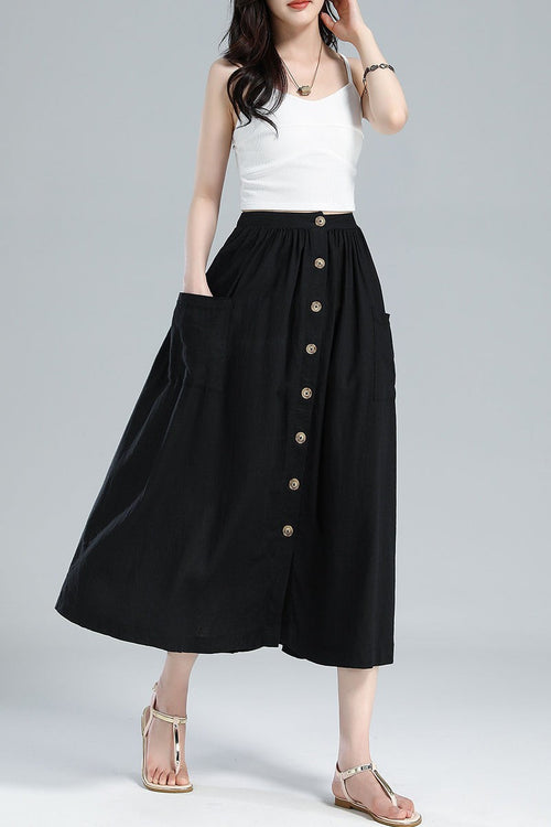 Button-Front Linen Midi Skirt – Pleated A-Line with Pockets