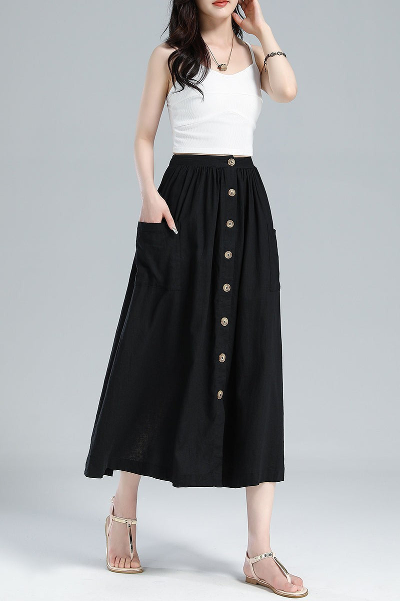 Button-Front Linen Midi Skirt – Pleated A-Line with Pockets