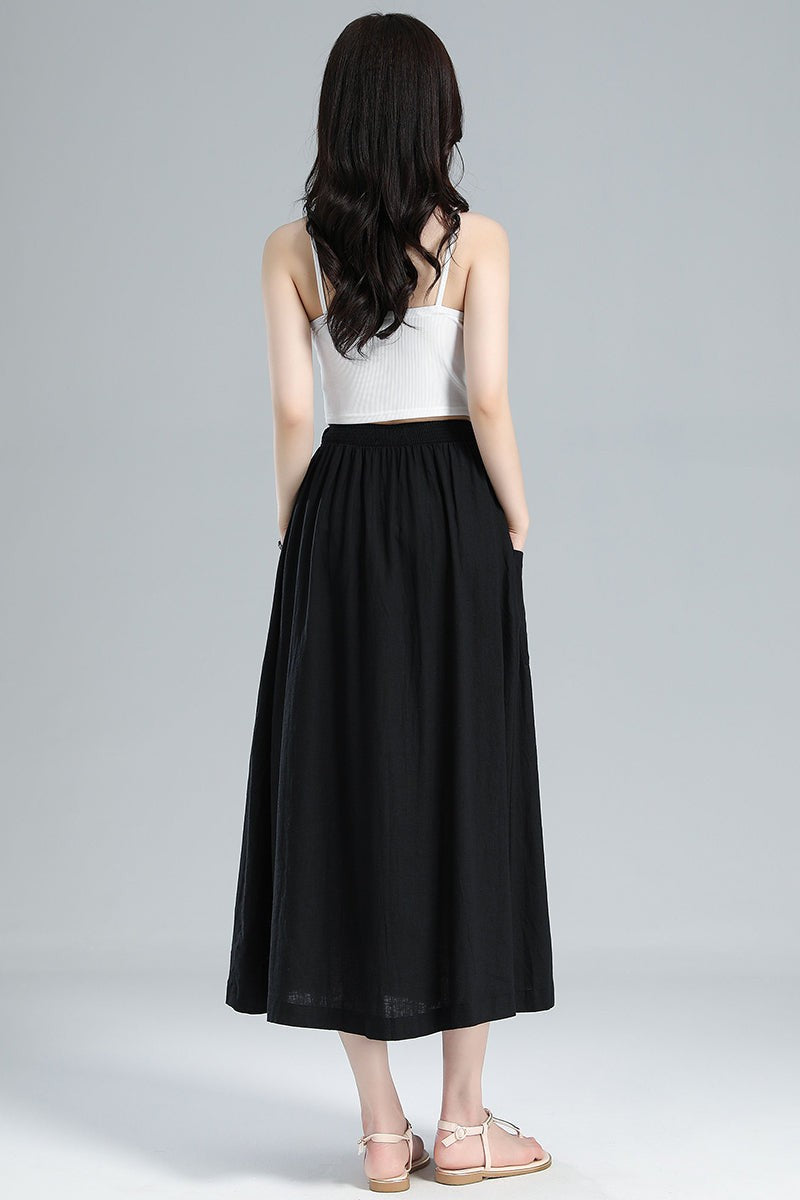 Button-Front Linen Midi Skirt – Pleated A-Line with Pockets