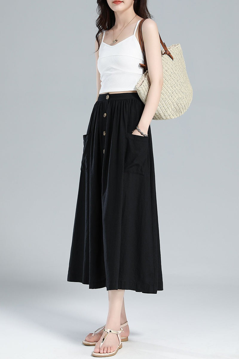 Button-Front Linen Midi Skirt – Pleated A-Line with Pockets