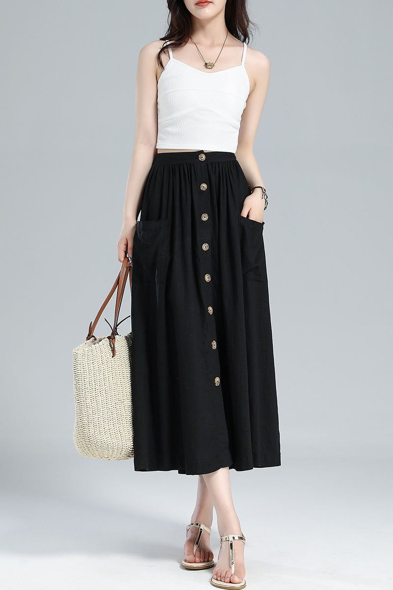 Button-Front Linen Midi Skirt – Pleated A-Line with Pockets