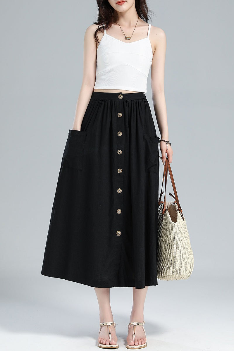 Button-Front Linen Midi Skirt – Pleated A-Line with Pockets