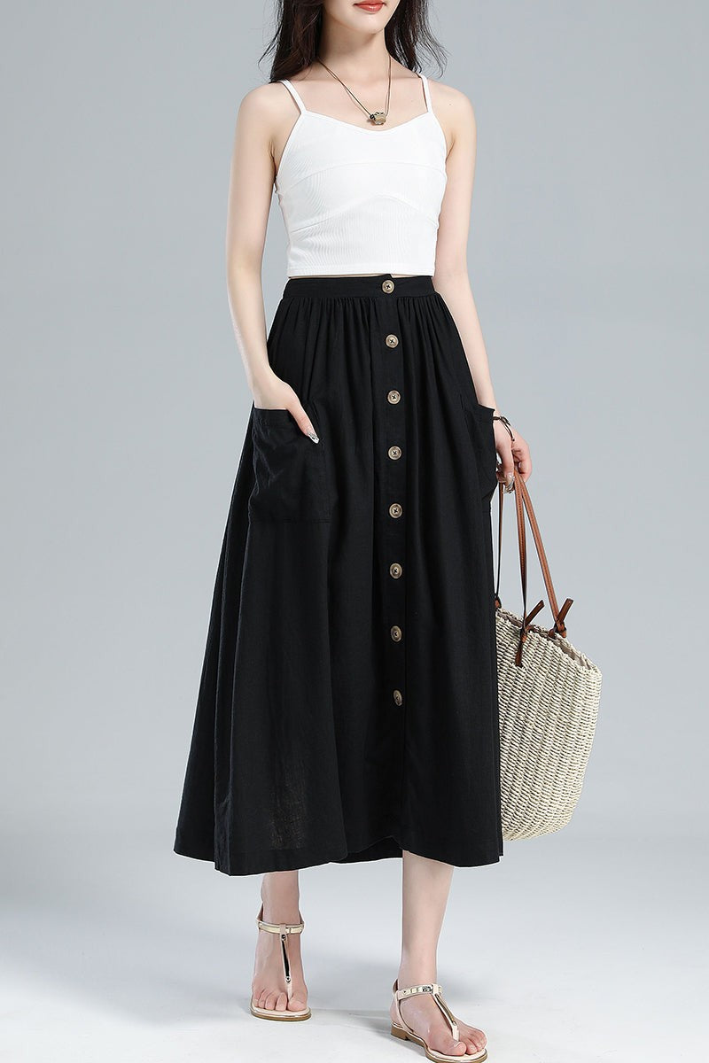 Button-Front Linen Midi Skirt – Pleated A-Line with Pockets