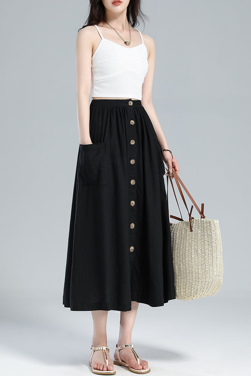 Button-Front Linen Midi Skirt – Pleated A-Line with Pockets
