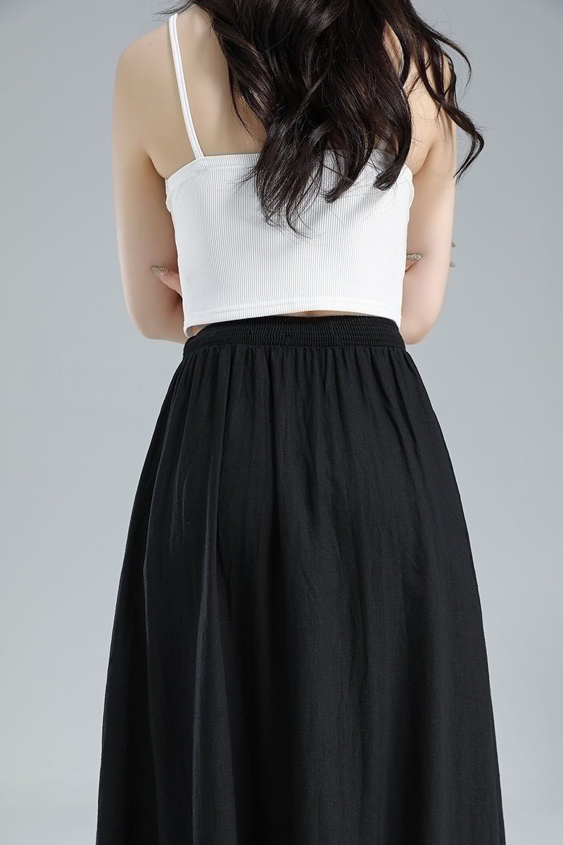 Button-Front Linen Midi Skirt – Pleated A-Line with Pockets