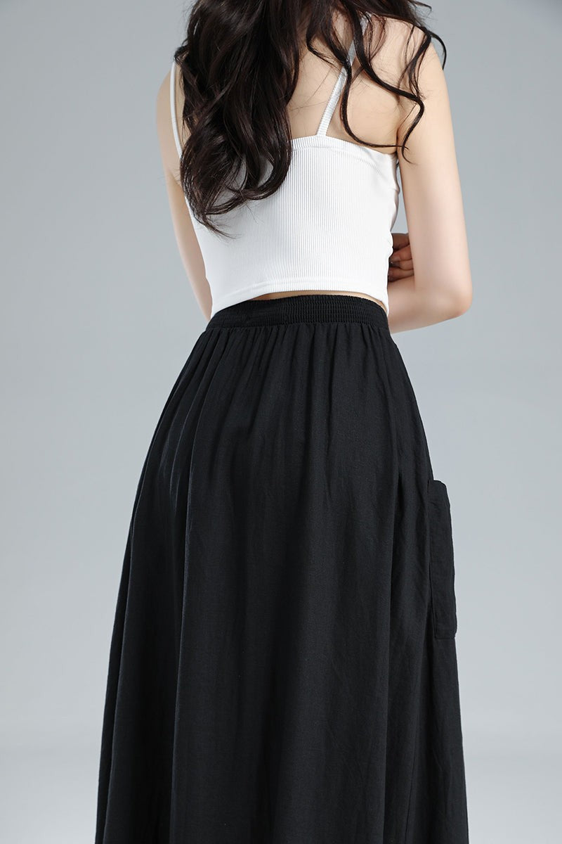 Button-Front Linen Midi Skirt – Pleated A-Line with Pockets