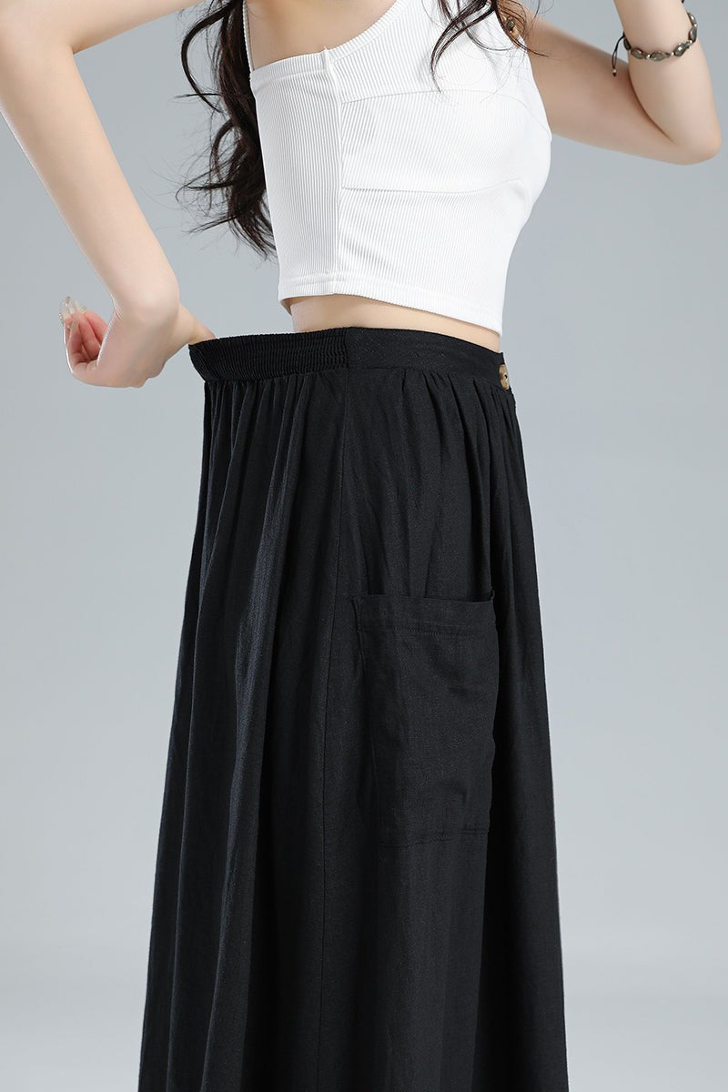Button-Front Linen Midi Skirt – Pleated A-Line with Pockets