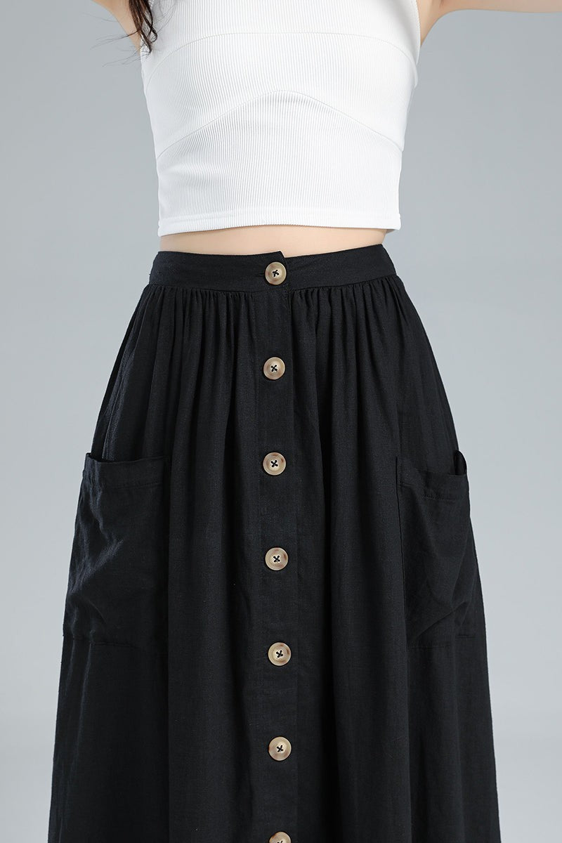 Button-Front Linen Midi Skirt – Pleated A-Line with Pockets