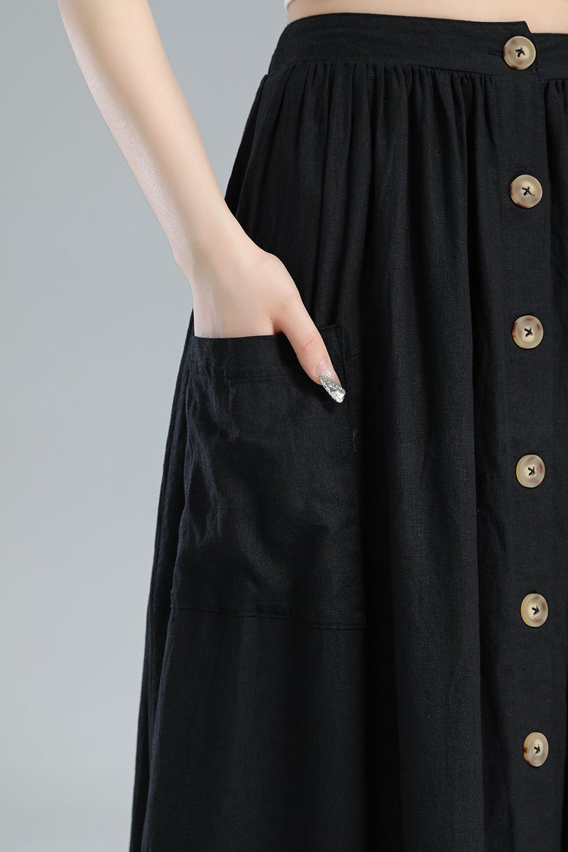 Button-Front Linen Midi Skirt – Pleated A-Line with Pockets