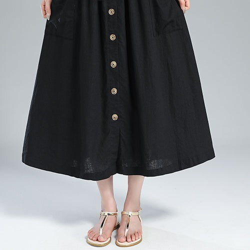 Button-Front Linen Midi Skirt – Pleated A-Line with Pockets
