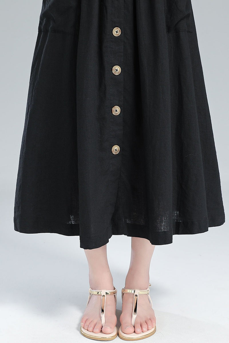 Button-Front Linen Midi Skirt – Pleated A-Line with Pockets