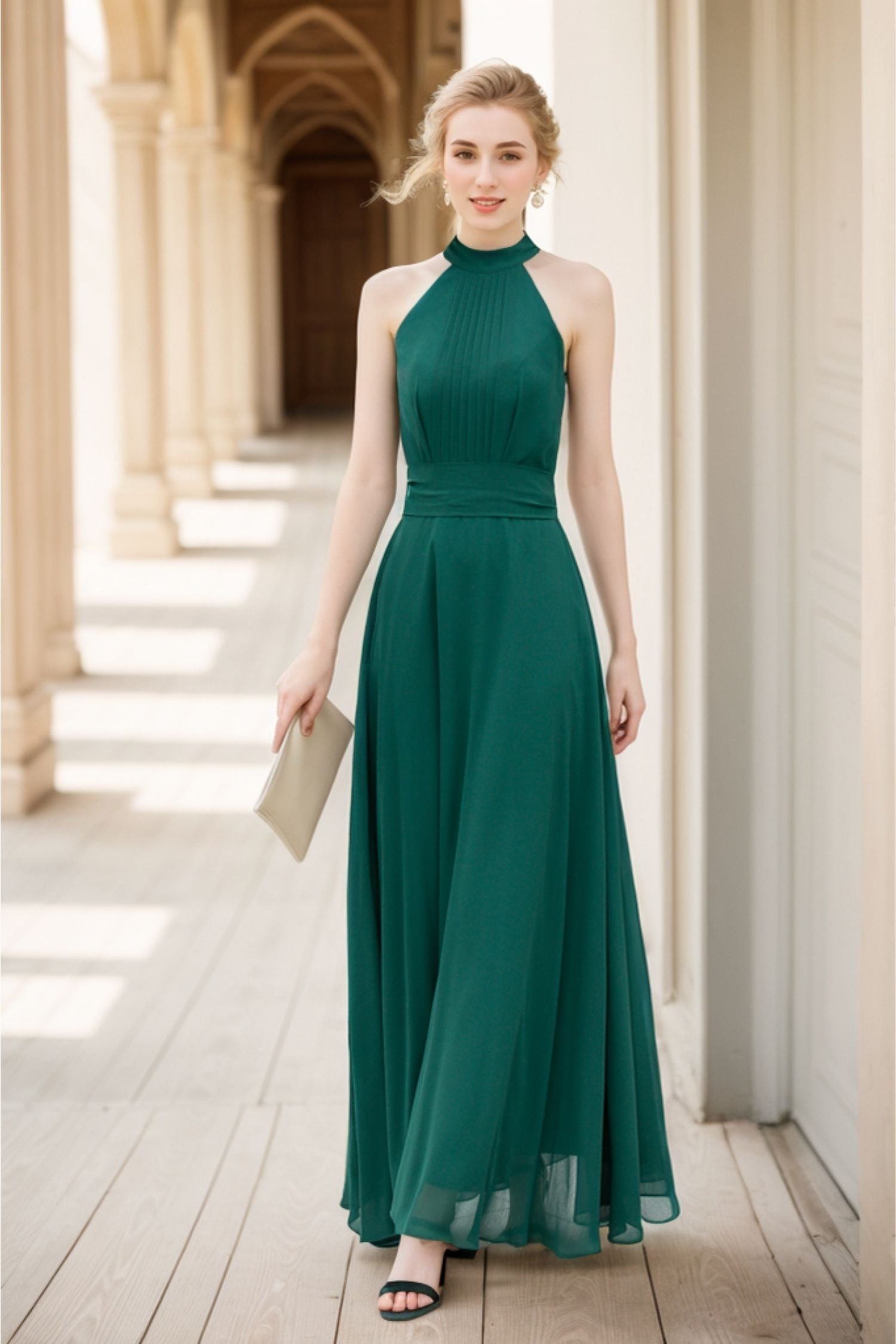 Dark Green Halter Maxi Dress – Elegant Sleeveless Summer Party Look