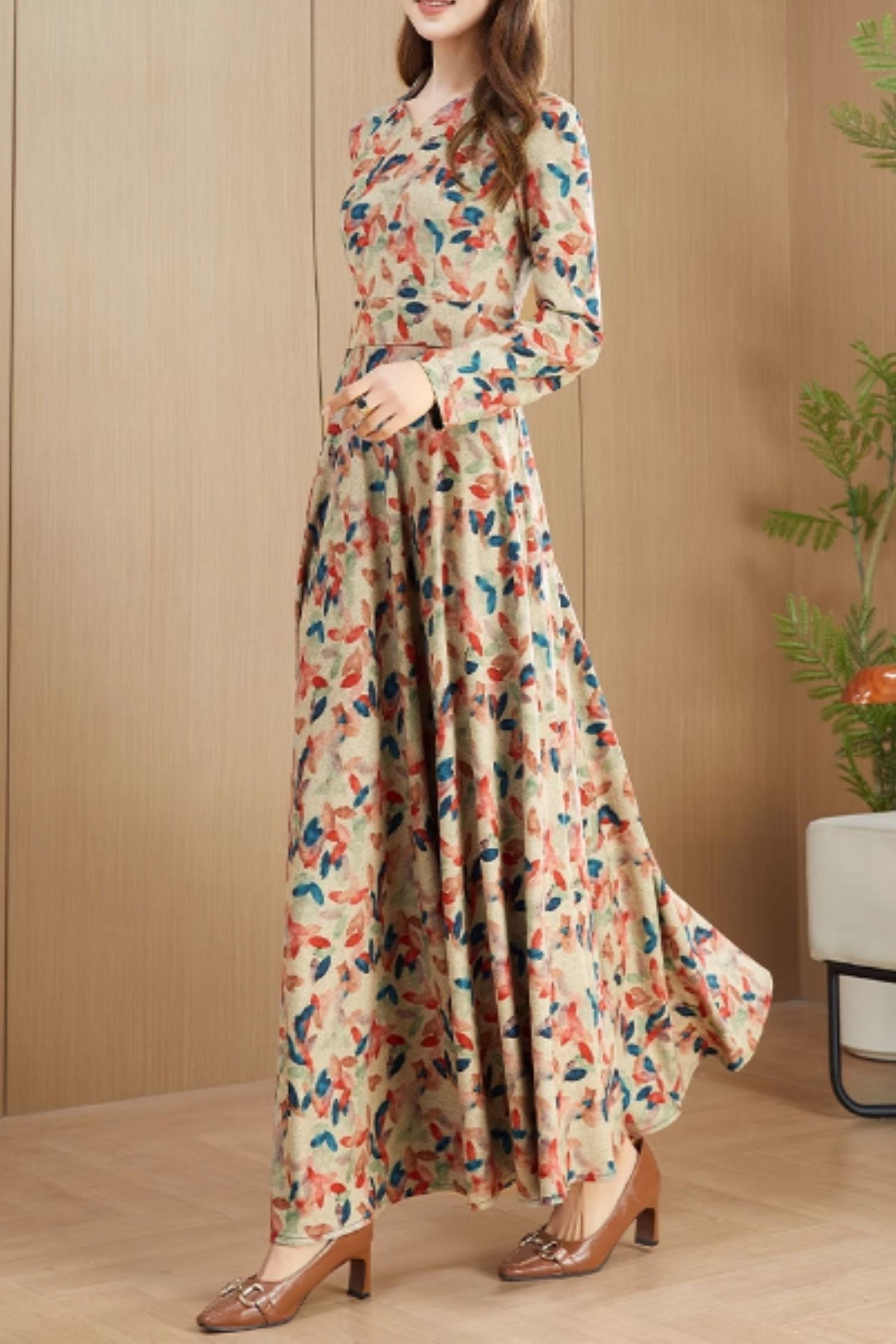 Floral Maxi Prom Dress – Elegant Fit & Flare with Long Sleeves