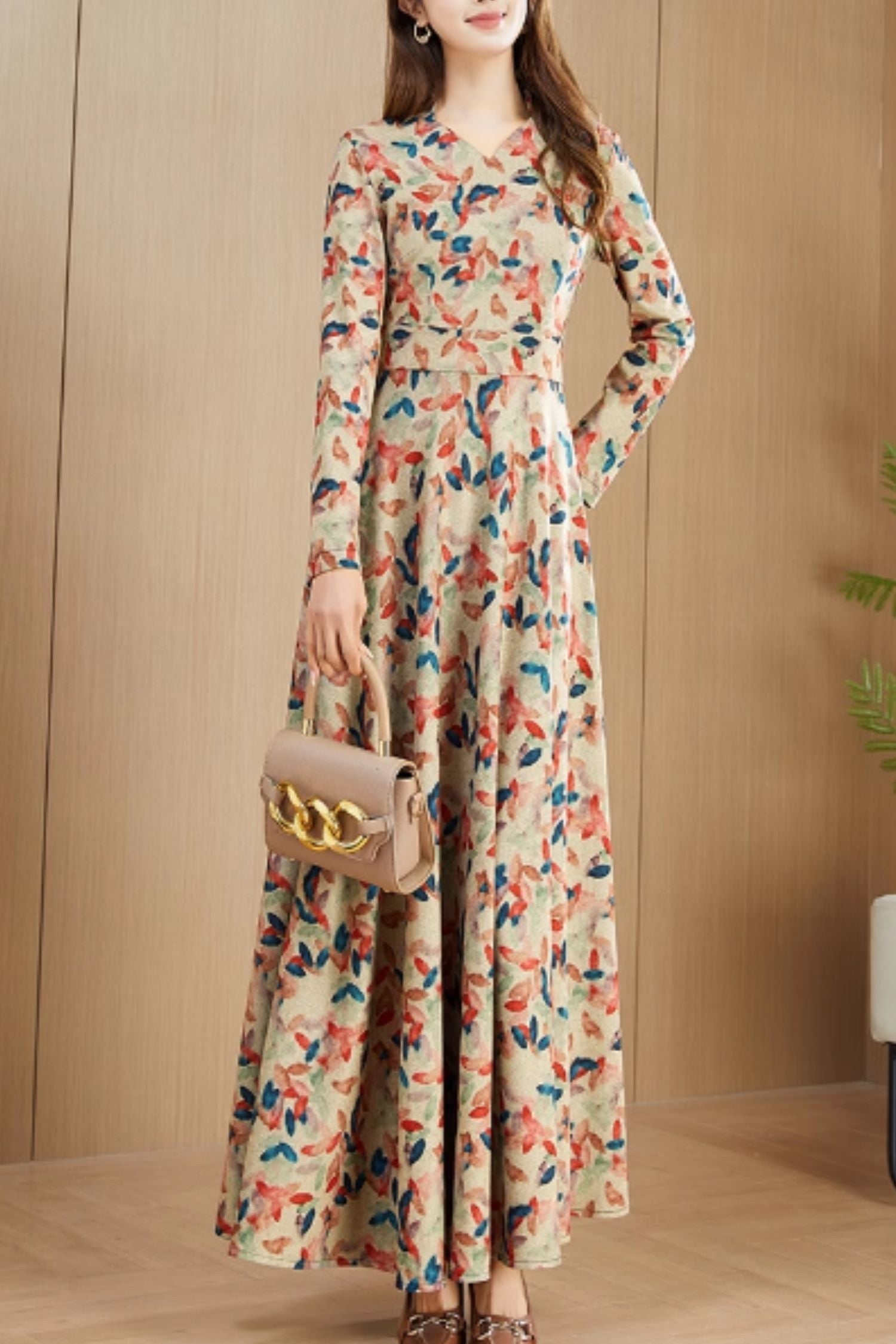 Floral Maxi Prom Dress – Elegant Fit & Flare with Long Sleeves