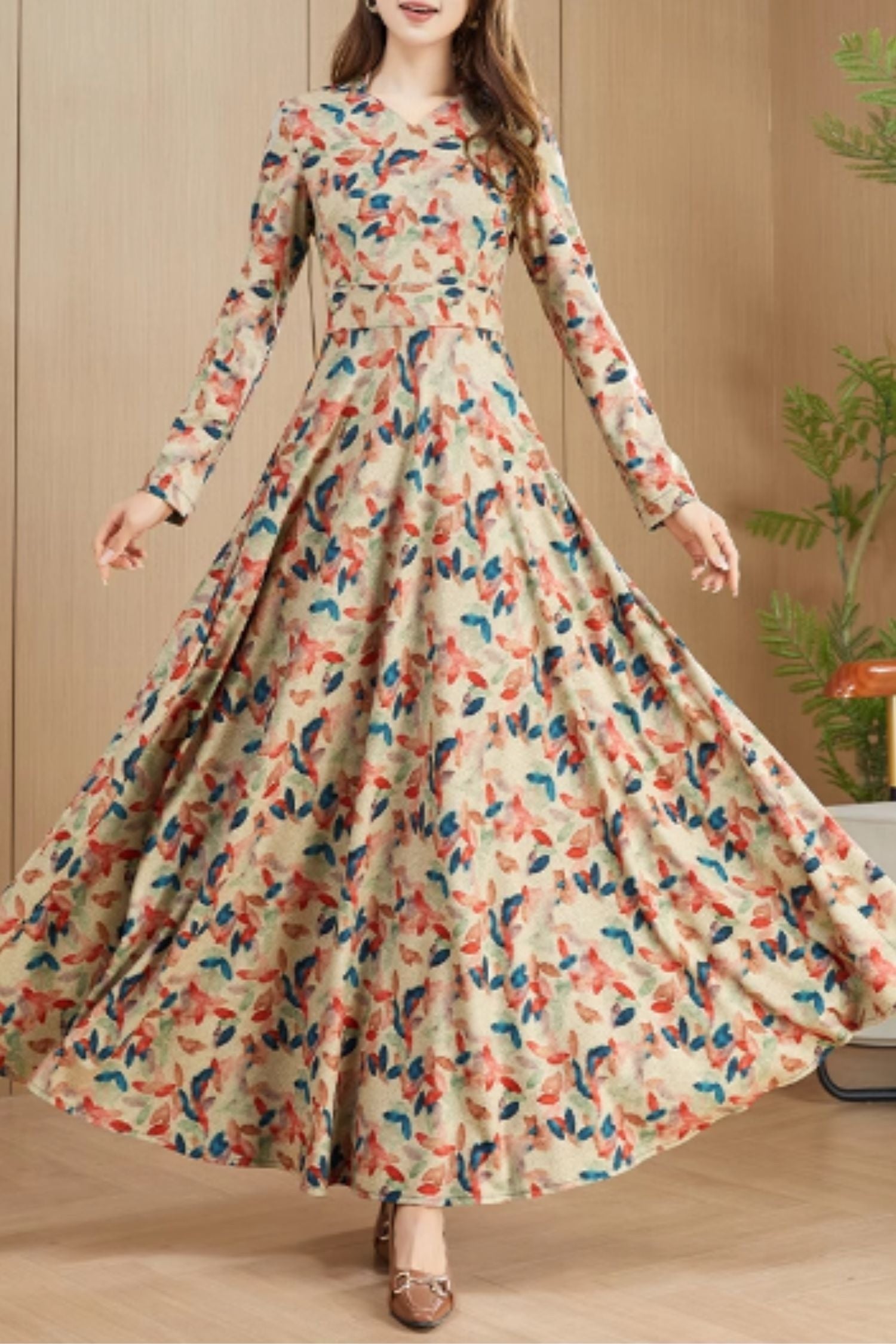 Floral Maxi Prom Dress – Elegant Fit & Flare with Long Sleeves