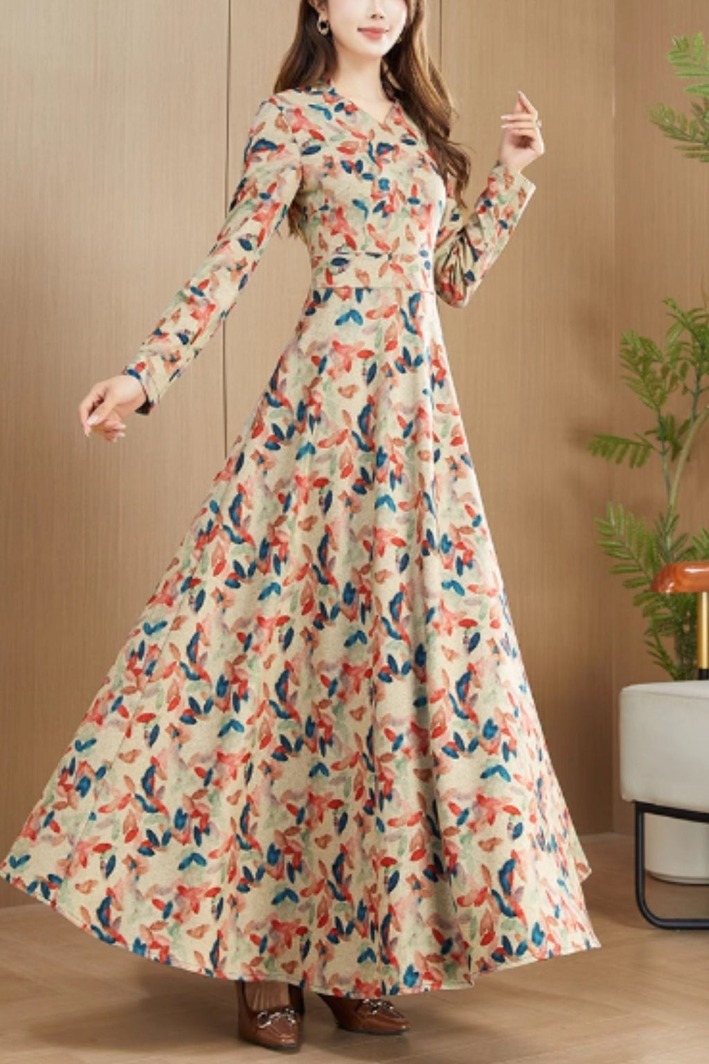 Floral Maxi Prom Dress – Elegant Fit & Flare with Long Sleeves