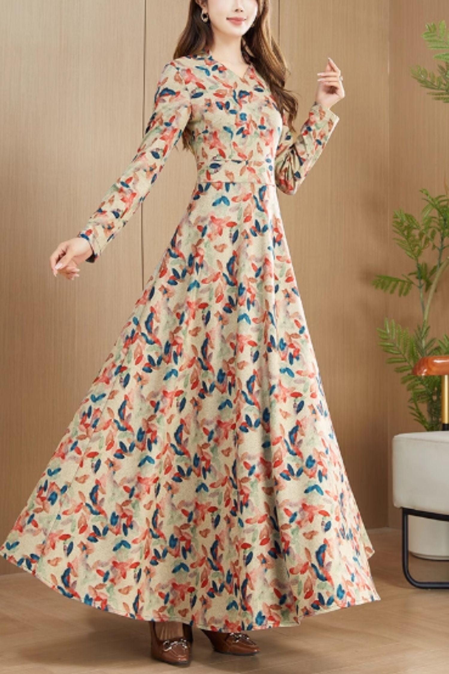 Floral Maxi Prom Dress – Elegant Fit & Flare with Long Sleeves