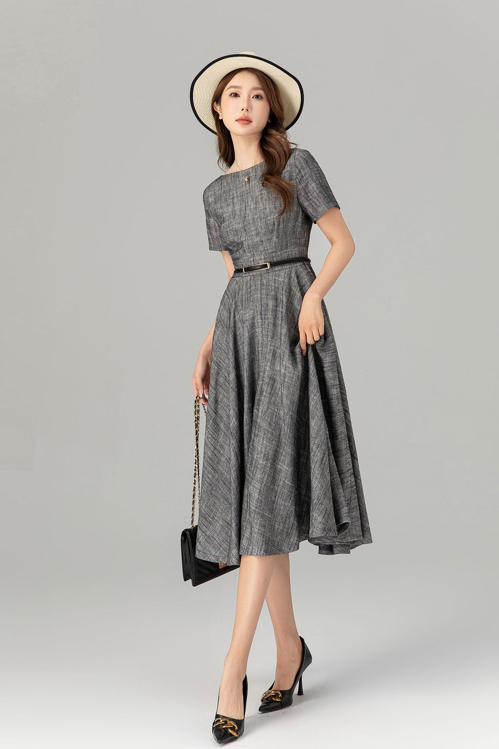 Gray Fit and Flare Linen Dress – Summer Elegance with Pockets