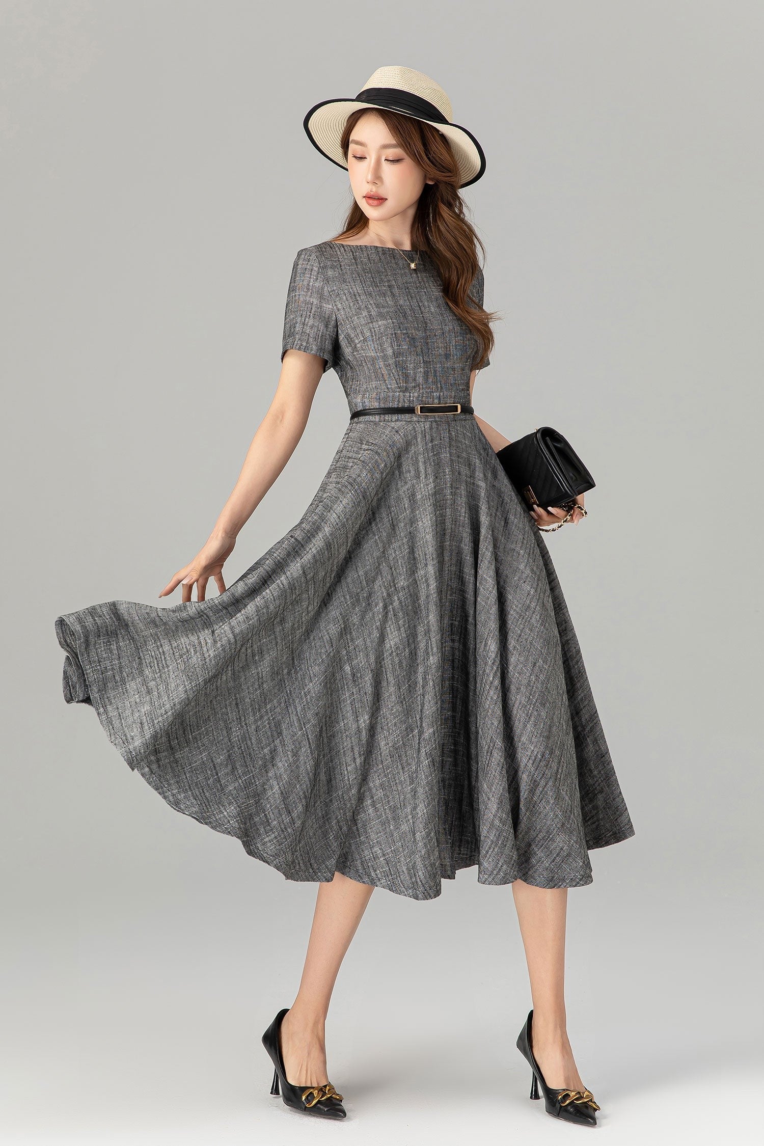Gray Fit and Flare Linen Dress – Summer Elegance with Pockets