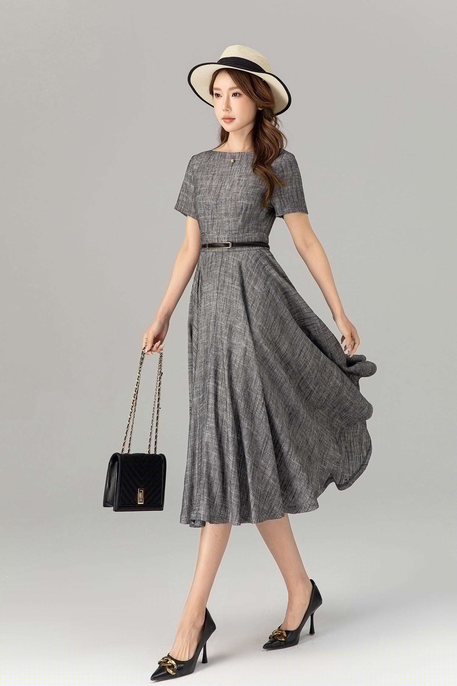 Gray Fit and Flare Linen Dress – Summer Elegance with Pockets