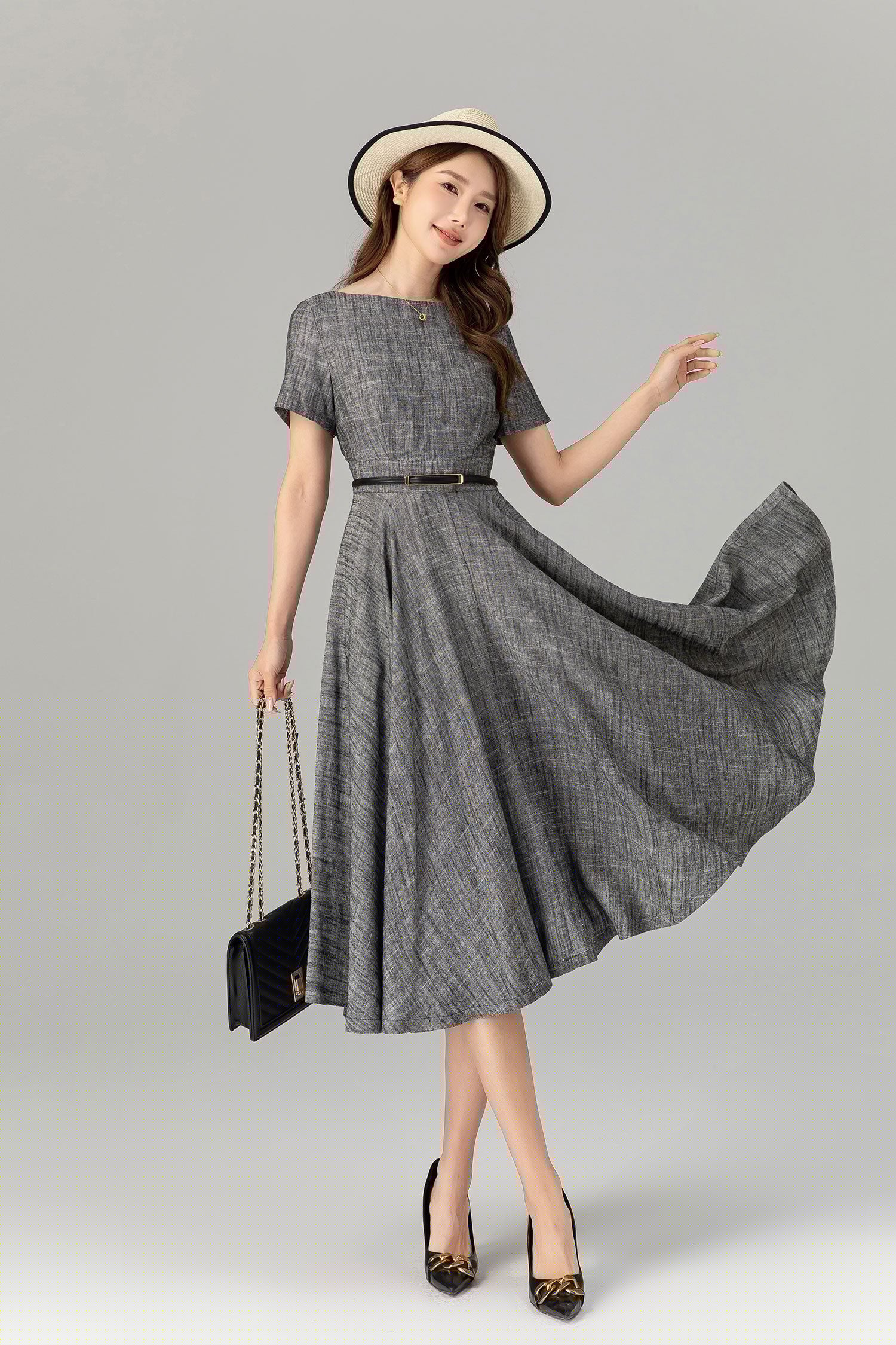 Gray Fit and Flare Linen Dress – Summer Elegance with Pockets