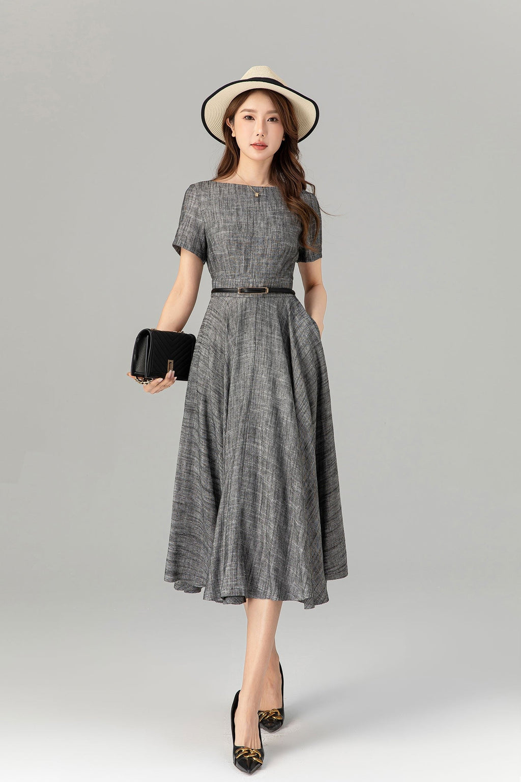 Gray Fit and Flare Linen Dress – Summer Elegance with Pockets