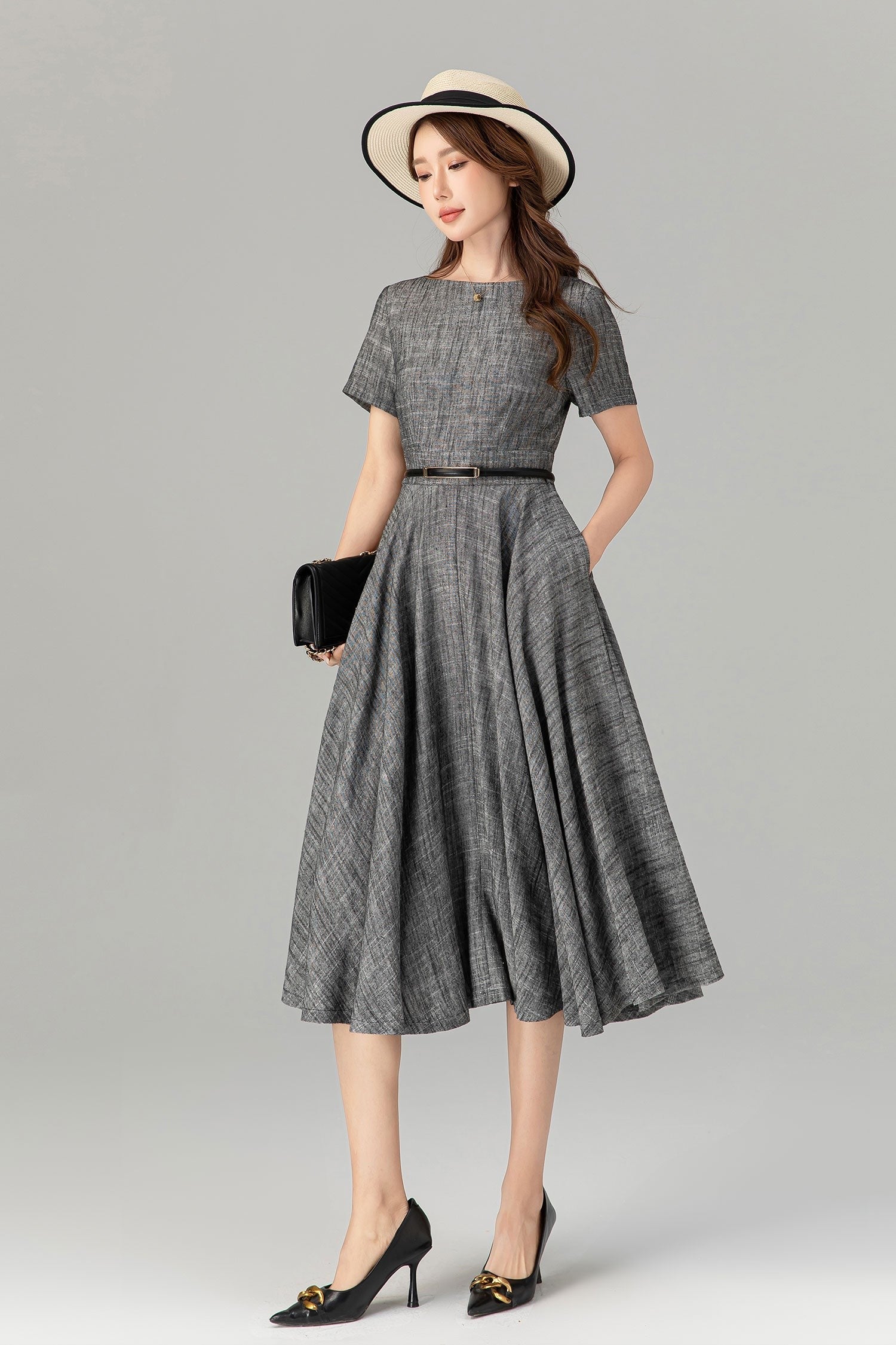 Gray Fit and Flare Linen Dress – Summer Elegance with Pockets