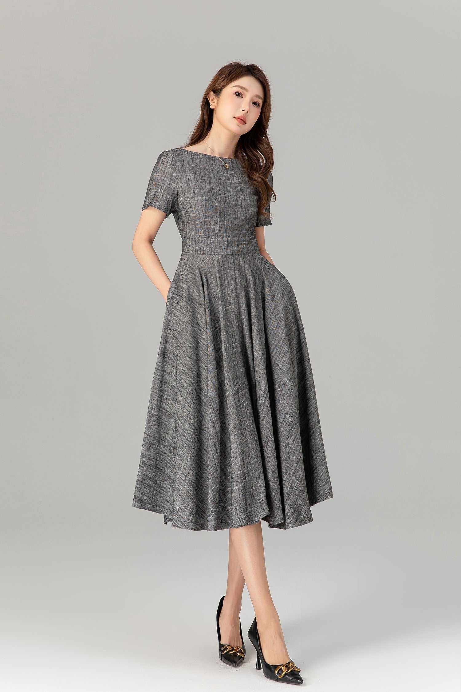 Gray Fit and Flare Linen Dress – Summer Elegance with Pockets