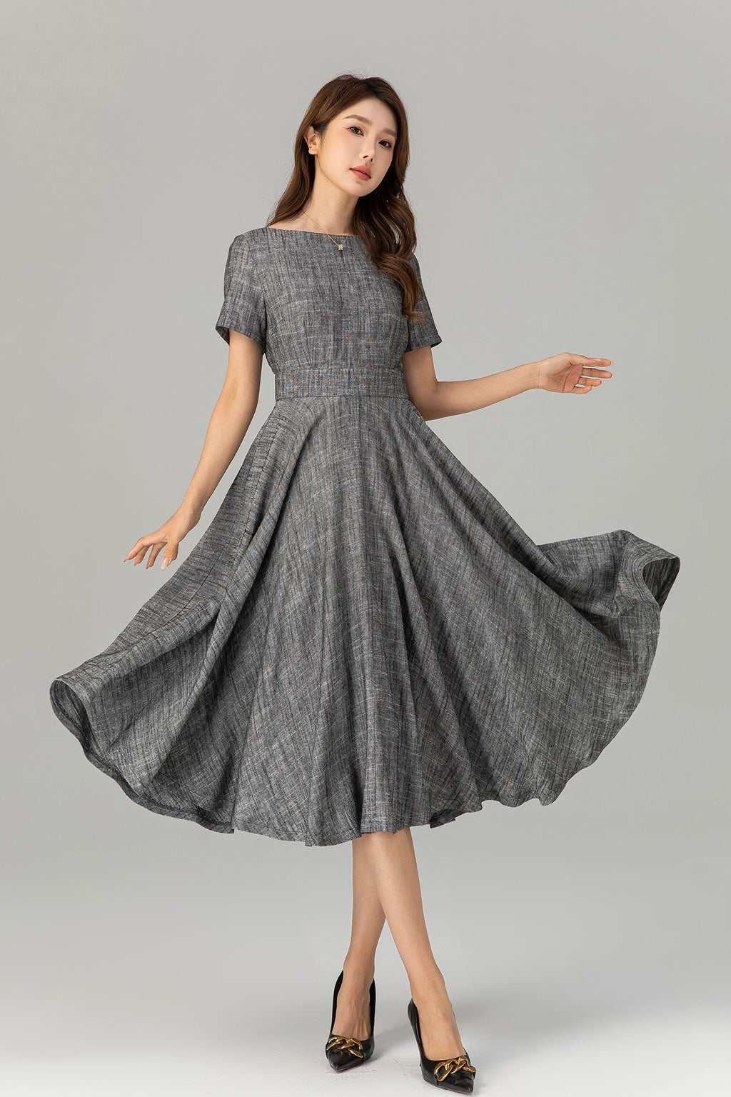 Gray Fit and Flare Linen Dress – Summer Elegance with Pockets