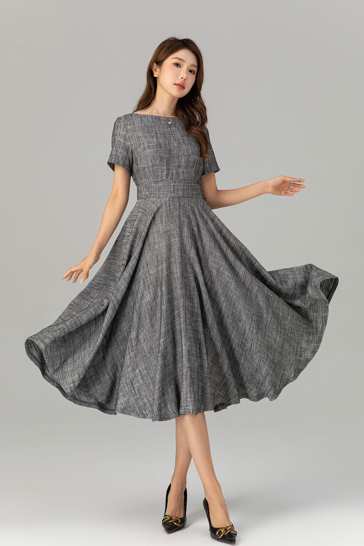 Gray Fit and Flare Linen Dress – Summer Elegance with Pockets