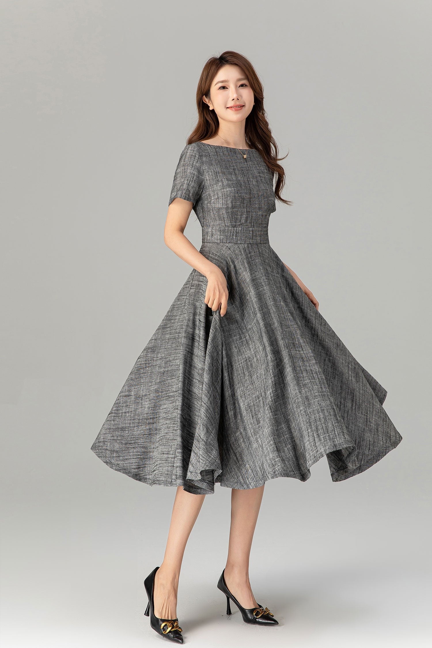 Gray Fit and Flare Linen Dress – Summer Elegance with Pockets