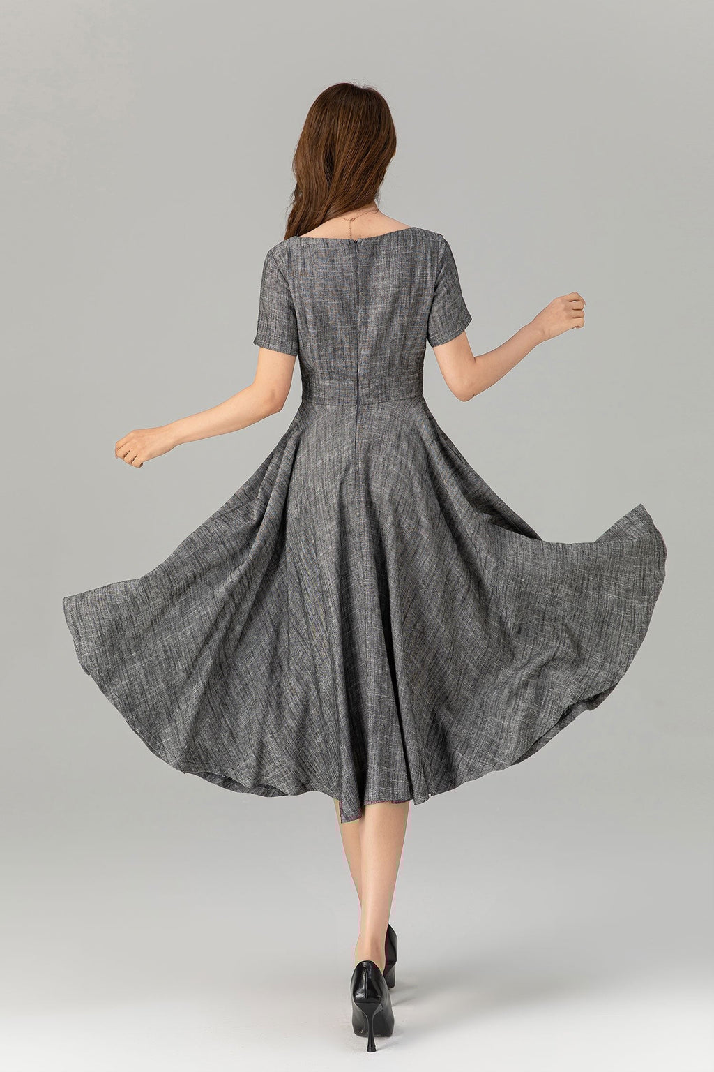 Gray Fit and Flare Linen Dress – Summer Elegance with Pockets
