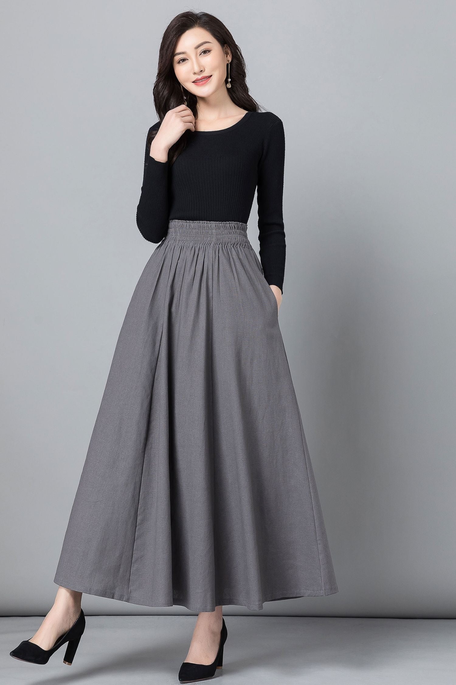 Gray High-Waisted Pleated Swing Skirt – Linen Blend with Pockets
