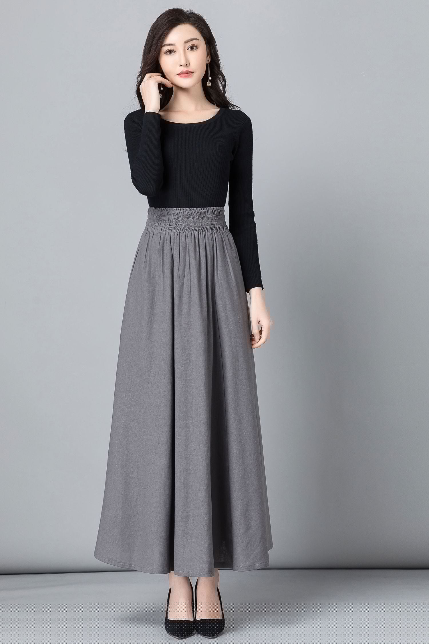 Gray High-Waisted Pleated Swing Skirt – Linen Blend with Pockets