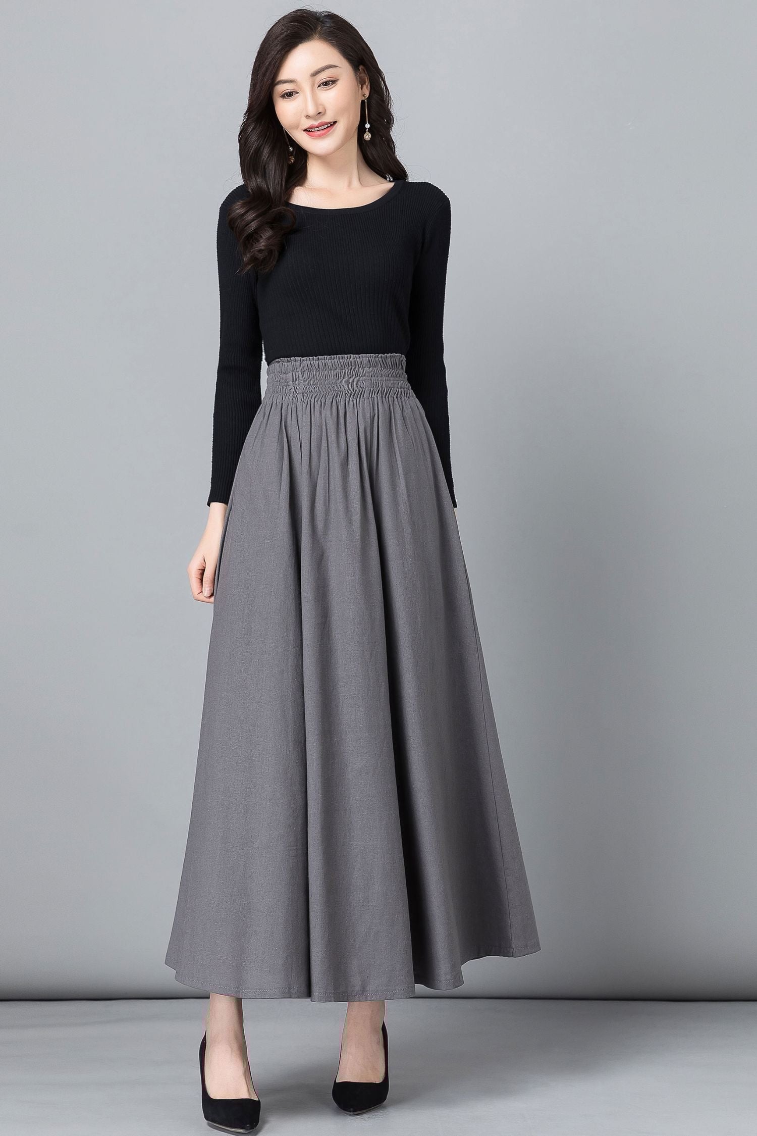 Gray High-Waisted Pleated Swing Skirt – Linen Blend with Pockets