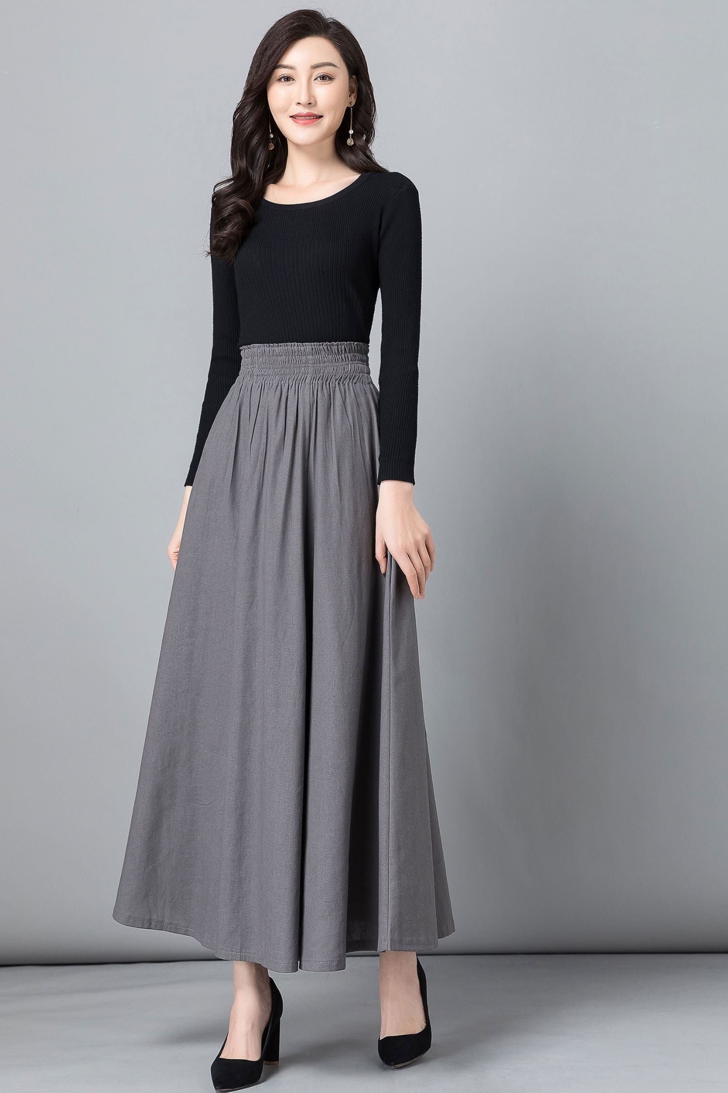 Gray High-Waisted Pleated Swing Skirt – Linen Blend with Pockets