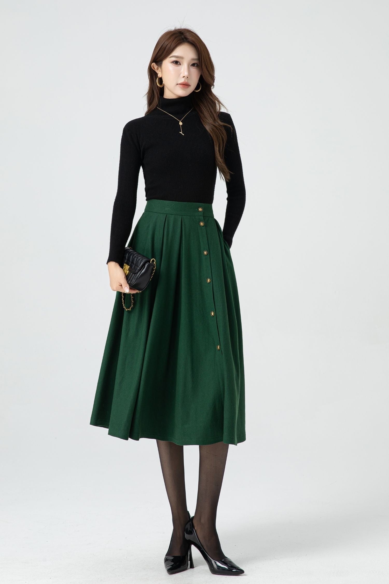 Button-Front Wool Midi Skirt – Green High-Waisted Winter Style