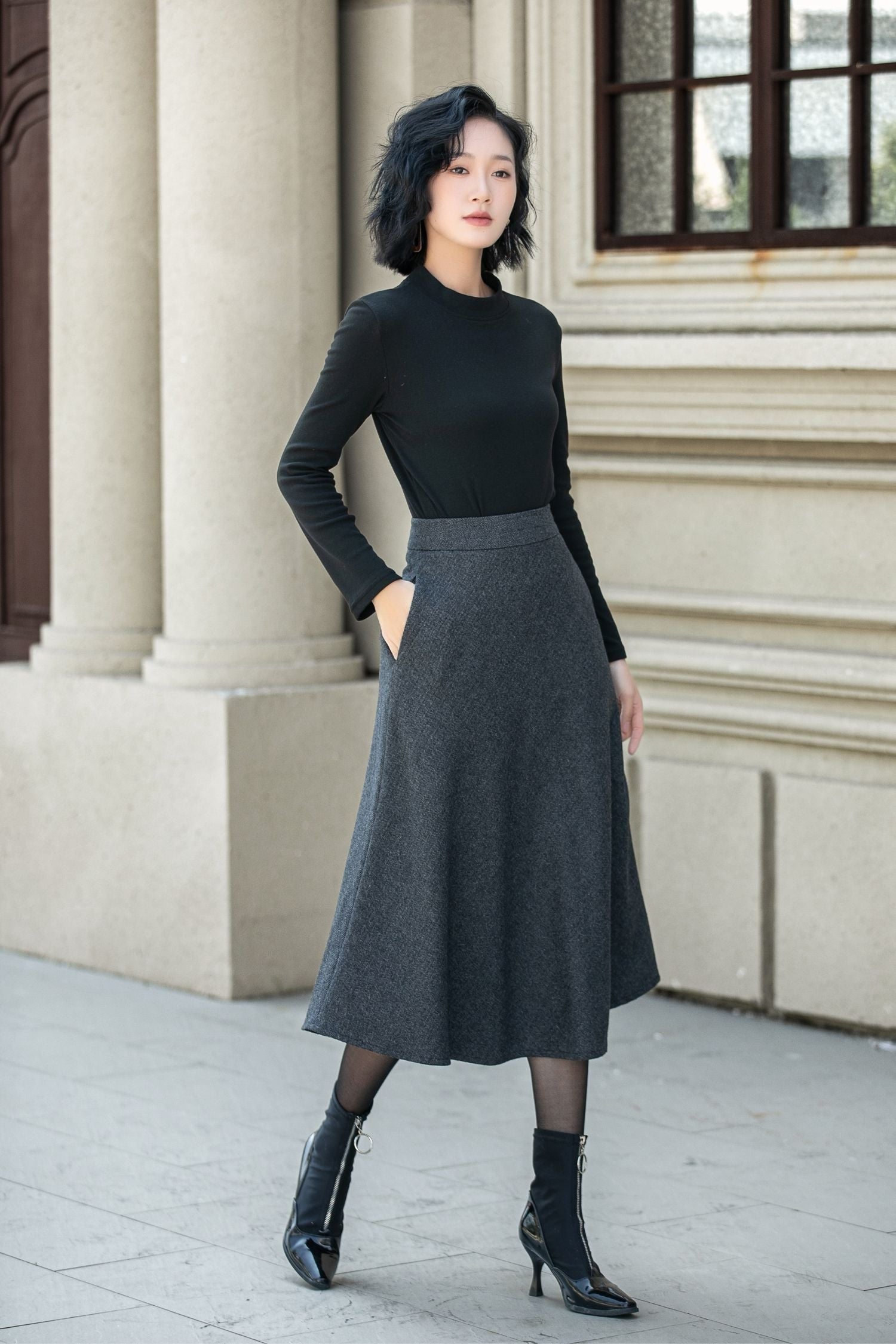 High-Waisted Wool Midi Skirt with Pockets – Warm & Formal A-Line