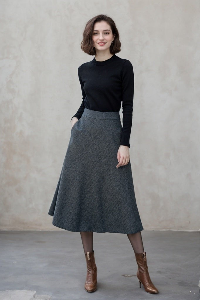 High-Waisted Wool Midi Skirt with Pockets – Warm & Formal A-Line