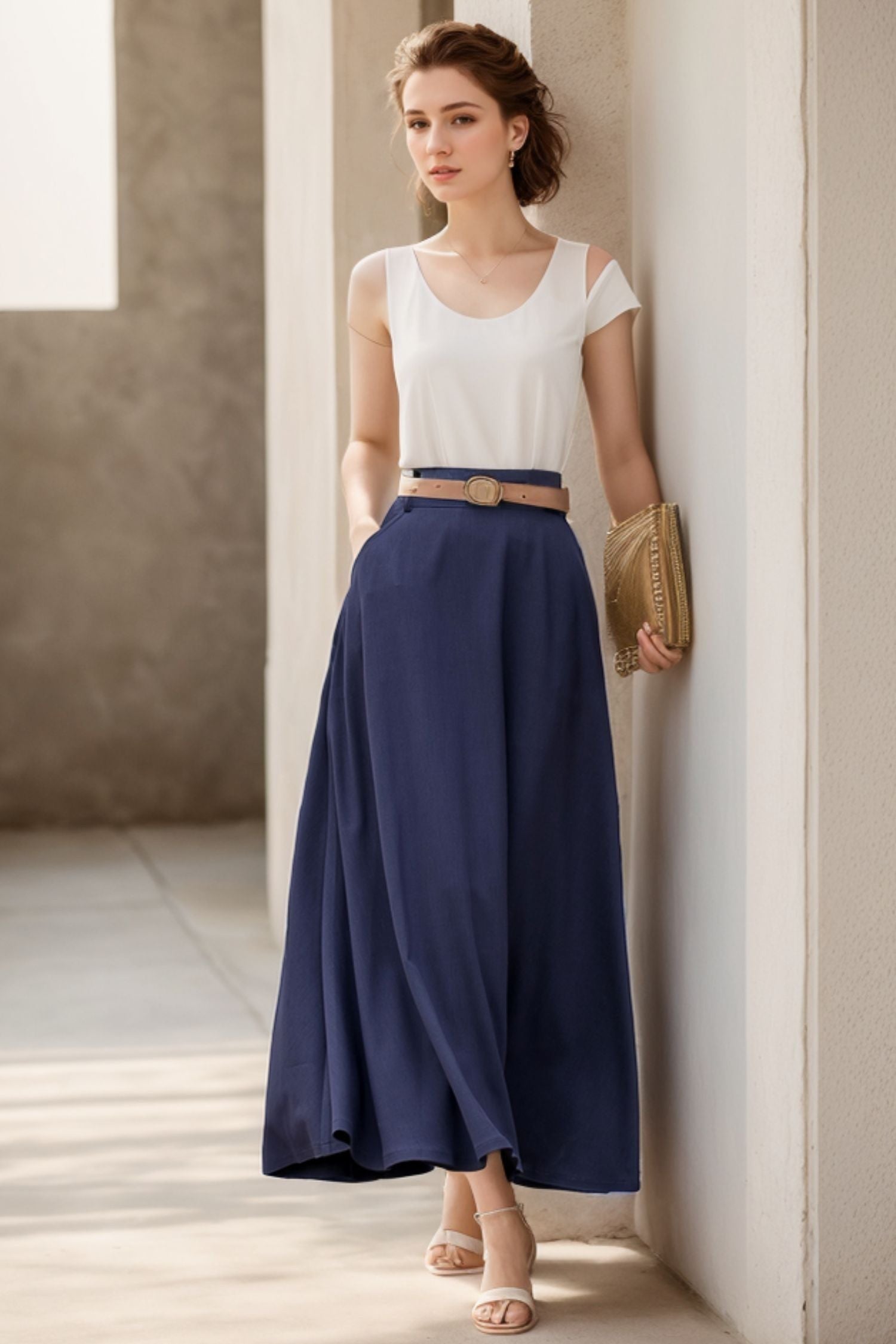 A-Line Long Linen Maxi Skirt with Pockets – Lightweight Spring & Summer Style