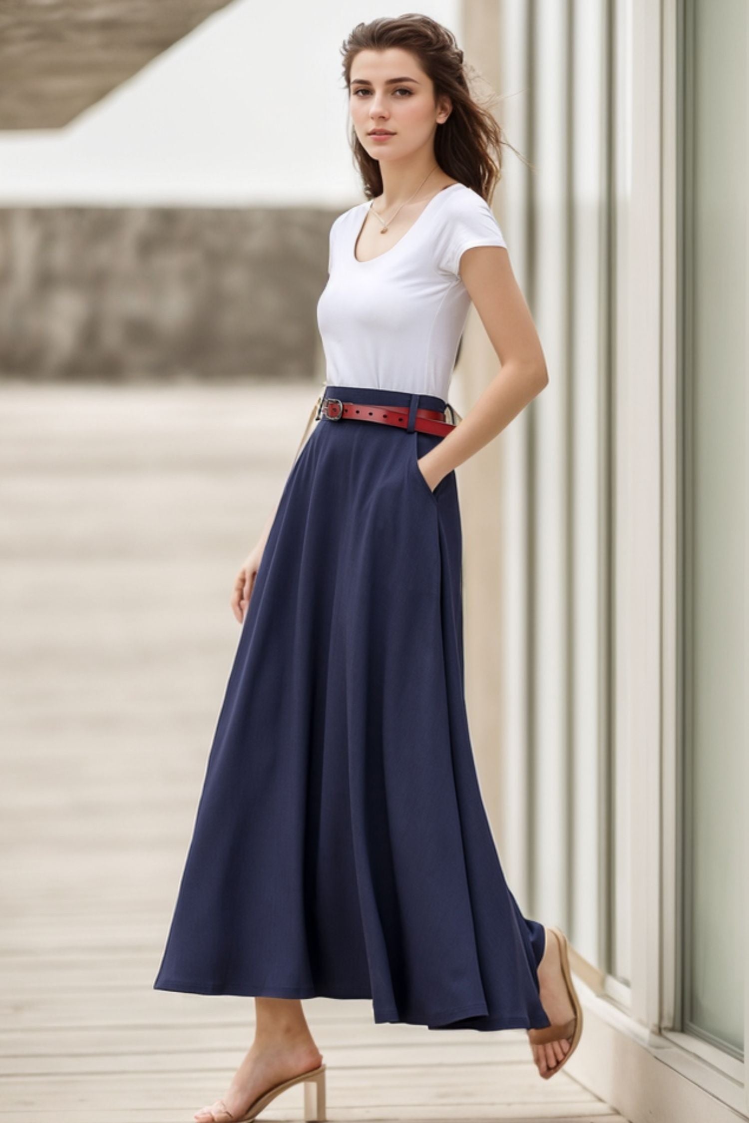 A-Line Long Linen Maxi Skirt with Pockets – Lightweight Spring & Summer Style